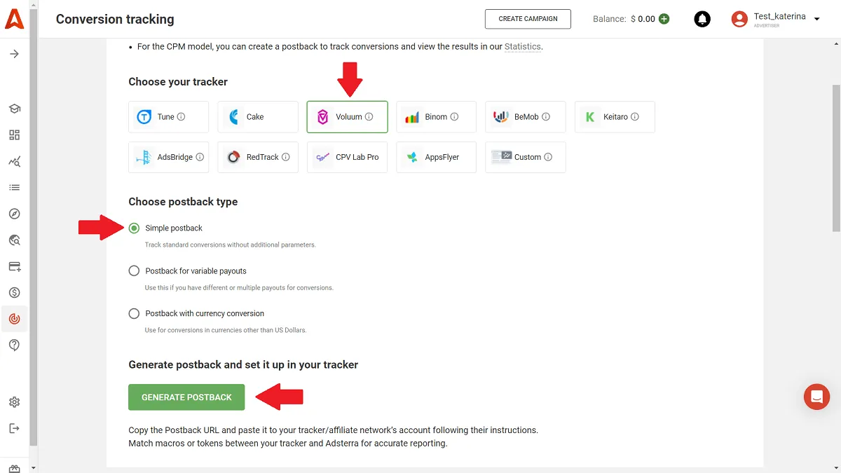 Postback del tracker di Adsterra