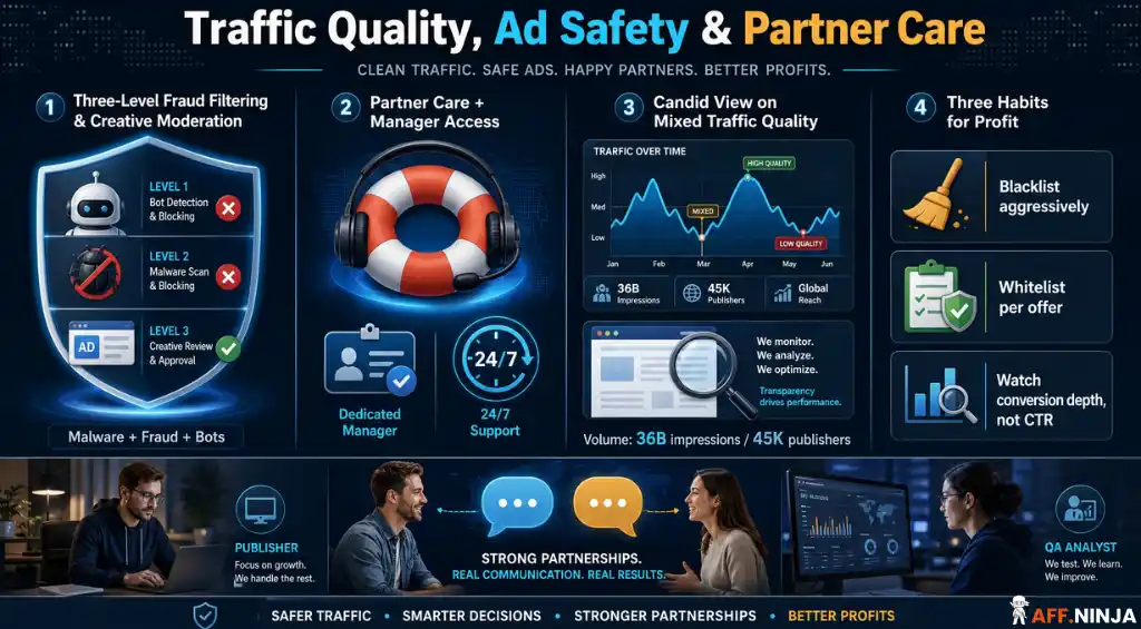 Qualità del traffico, sicurezza degli annunci e assistenza ai partner di Adsterra